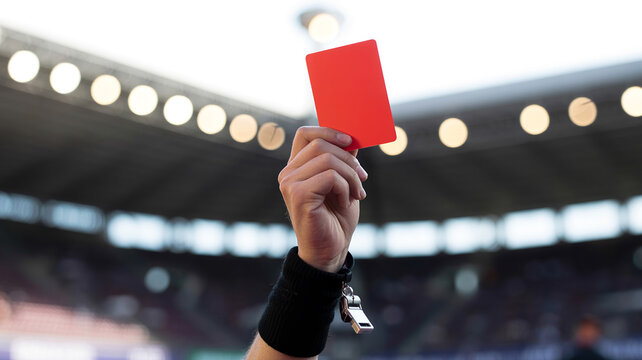 Red Card Held By Hand Sports Photography With Blurred Stadium