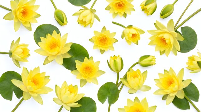 Elegant flat lay pattern of yellow water lily flowers and green leaves on white background