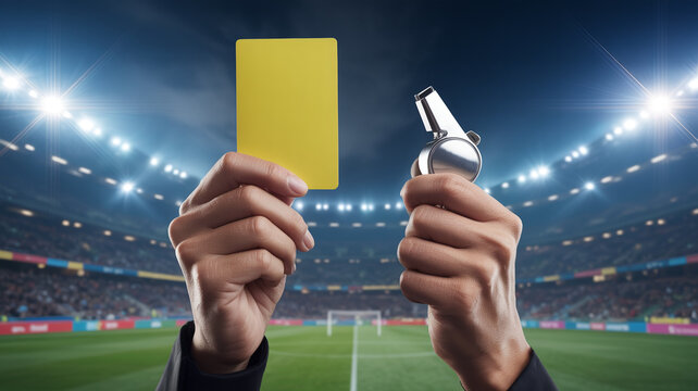 Yellow Card And Whistle Held By Hands Stadium Background soccer