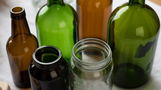 Empty glass bottles and jar close up studio photograph brown