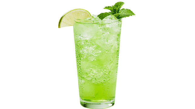 Tall green cocktail with ice mint and lime slice, isolated on transparent background
