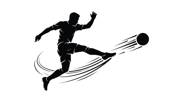 Dynamic soccer player silhouette kicking ball, black and white football athlete vector illustration, powerful sports action graphic for logo design