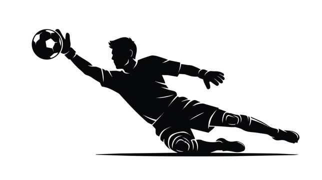 Soccer goalkeeper silhouette diving to catch ball, black and white football goalie vector illustration, athletic player making a save