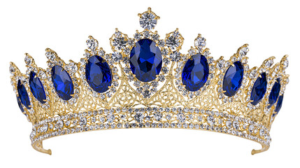 Ornate gold tiara with deep blue oval gemstones and clear crystals, isolated on transparent background © Piotr