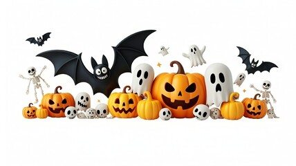 Halloween arrangement with pumpkins ghosts bats and skeletons on a white background jack o lanterns skull scary spooky festive holiday october autumn fall