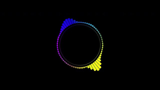 A beautiful circular interface, speech bubbles, music, sound spectrum, equalizer, 4K video, and animated sound waveforms on a black and white background.