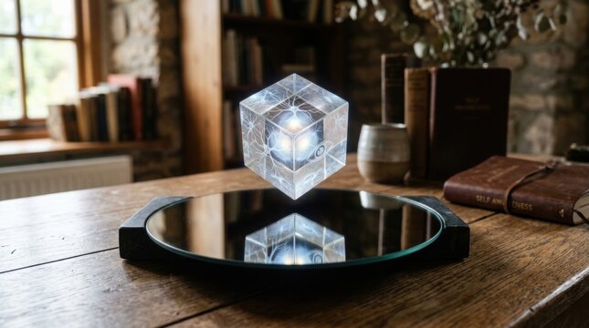 Holographic glass cube levitating above a mirror on a wooden table in a cozy study for futuristic interior background and tech concept