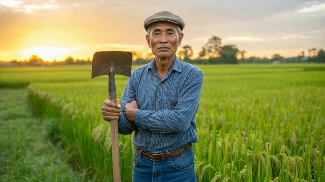 Elderly Asian farmer stands with a shovel in a beautiful green rice field during a golden sunset portraying resilience and dedication 4k video