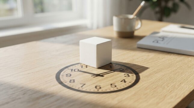 Minimal wooden table clock projection with white cube object casting shadow for conceptual background and poster design