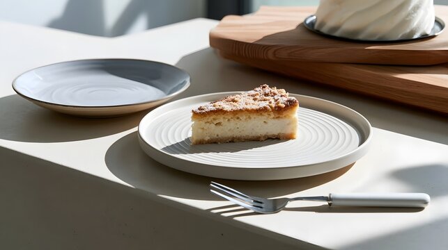 A slice of crumb topped cake rests on a white plate beside an empty gray plate and a fork on a sunlit countertop