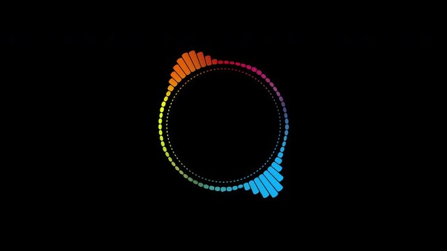 A beautiful circular interface, speech bubbles, music, sound spectrum, equalizer, 4K video, and animated sound waveforms on a black and white background.
