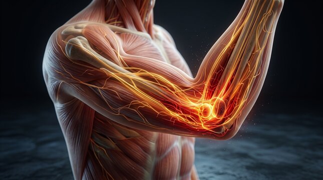 Human arm muscles, anatomy illustration, flexed bicep, muscular system