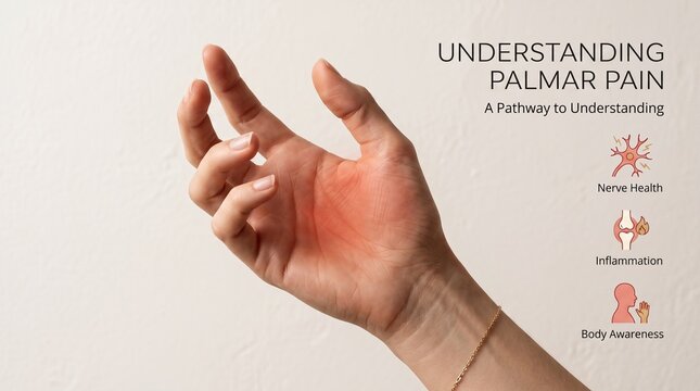 Hand with palmar pain, sore hand, pain illustration, health infographic