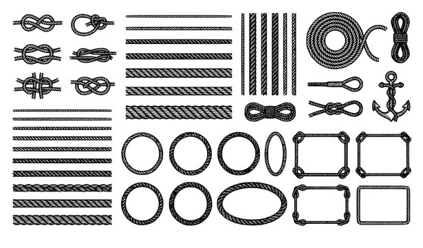 Editable Rope Collection with Knots and Decorative Borders Vector Illustration