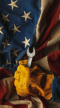 Worn work glove with wrench and the American flag. Symbolic of blue collar workers, USA manufacturing, pride in products Made in United States of America, or celebrate Father's day or US Labor Day.