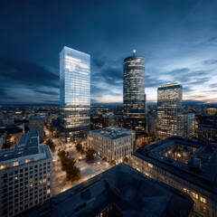 Obraz premium Modern business district skyline, high rise glass building, office tower, cityscape at dusk, urban architecture, illuminated windows