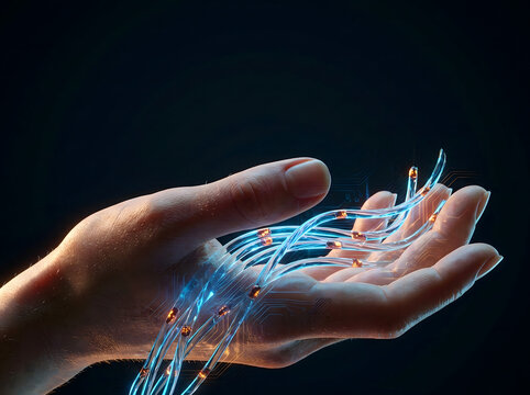 Concepto de biotecnolog&iacute;a con mano humana integrada con cables de fibra &oacute;ptica y circuitos brillantes, conexi&oacute;n de datos y tecnolog&iacute;a futurista.