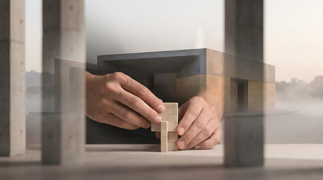 Concepto de dise&ntilde;o arquitect&oacute;nico con manos construyendo maqueta de casa moderna de hormig&oacute;n, doble exposici&oacute;n de construcci&oacute;n y planificaci&oacute;n