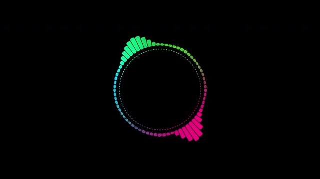 A beautiful circular interface, speech bubbles, music, sound spectrum, equalizer, 4K video, and animated sound waveforms on a black and white background.