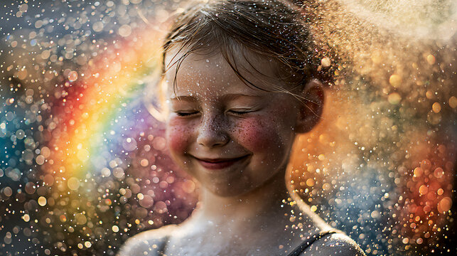 Young girl enjoying an urban misting spray in a cooling oasis, eyes gently closed in delight, sparkling water droplets and rainbow diffraction in magical fresh summer light, artistic close-up portrait