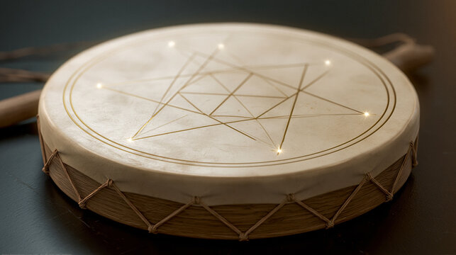 A clean minimalist shaman drum with soft glowing tones features sacred geometry lines on its surface. This mystical artwork rests on a dark background.