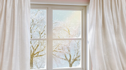Fototapeta premium From a cozy interior, white curtains frame a window showing snow-covered trees outside. Soft winter light illuminates the peaceful, serene landscape.