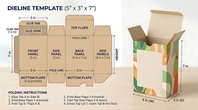 Dieline template for cardboard gift box with folding instructions