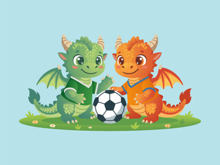 Fototapeta premium Two Cute Dragon Soccer Players, Kids Sports Fantasy Vector Illustration for T-Shirt Design