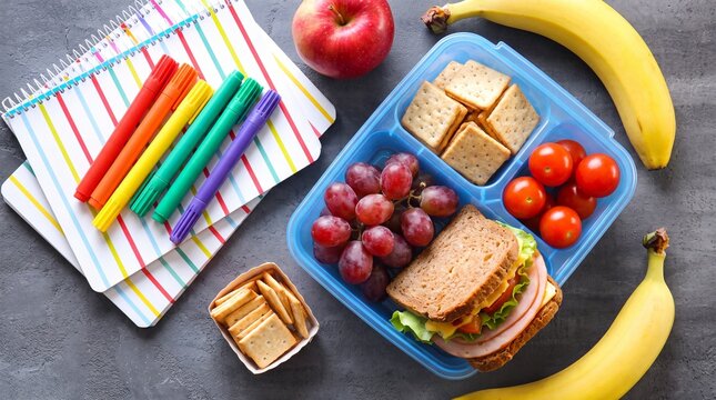 Top view of a healthy lunch box with a sandwich, fruits, and crackers next to colorful notebooks and markers, perfect for back to school preparation.