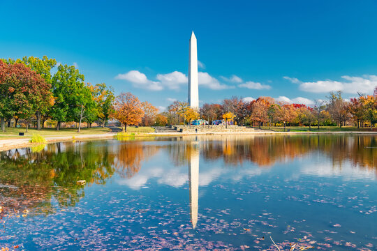 Scenic Fall View of Washington Monument Across a Calm Reflective Pond