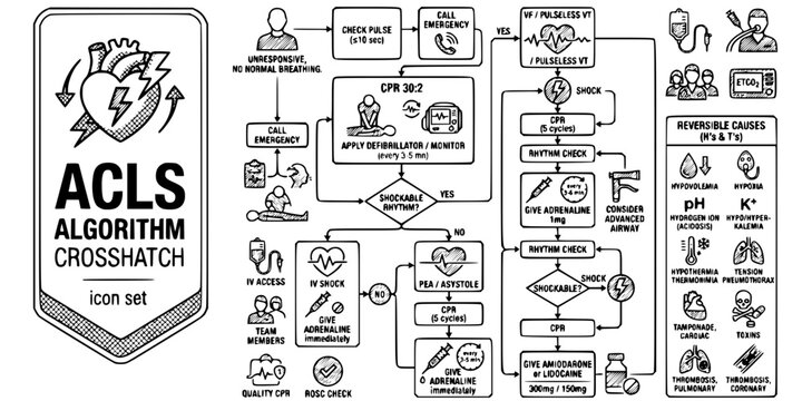 ACLS Algorithm Crosshatch Black White-VT Pathway Adrenaline Reversible Cause-Advanced Life Support Vector-ACLS Icon Crosshatch-CPR Design Set