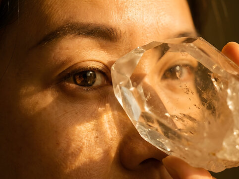 Primer plano de los ojos de una mujer sosteniendo un cristal de cuarzo transparente bajo una luz c&aacute;lida y dorada