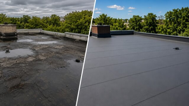 Damaged flat roof and dry modern rooftop with proper drainage
