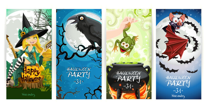 Vertical banners for Halloween party with witch sit on pumpkin and bat, black crow, and potion with frog
