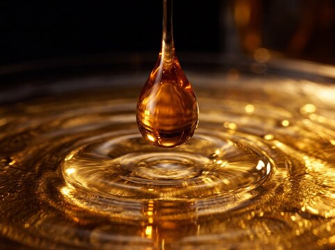 Macro shot of a golden oil drop falling into a liquid surface with concentric ripples
