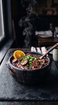 Hot steaming bowl of traditional Brazilian Feijoada with black beans and sausage in a rustic clay pot