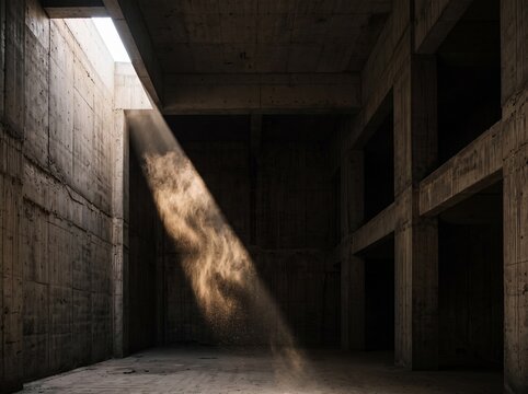 Dramatic sunlight beam illuminating dust particles inside an abandoned concrete industrial building