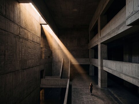 Dramatic Sunbeam Illuminating a Brutalist Concrete Interior with a Woman Walking