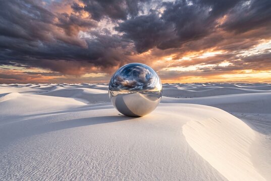Large reflective chrome sphere resting on white sand dunes under a dramatic sunset sky