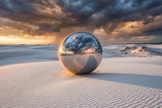 Large reflective chrome sphere on white sand dunes under dramatic storm sky at sunset