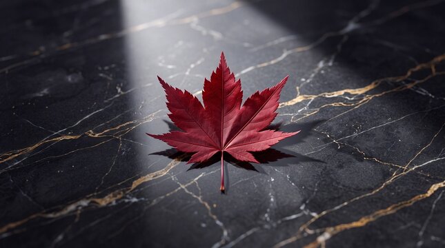 Single vibrant red maple leaf resting on a dark, luxurious marble surface with elegant gold veining and dramatic spotlighting