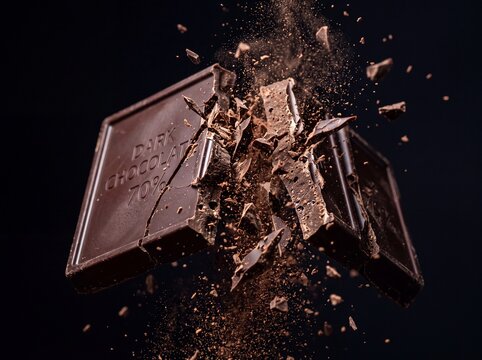 Dark chocolate bar exploding into shards and cocoa powder against a black background