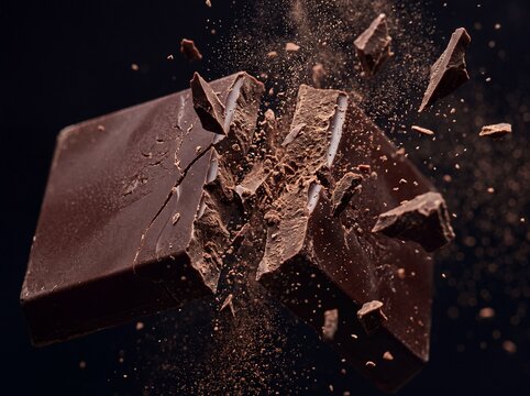 Dark chocolate bar shattering into pieces with cocoa powder dust against a black background