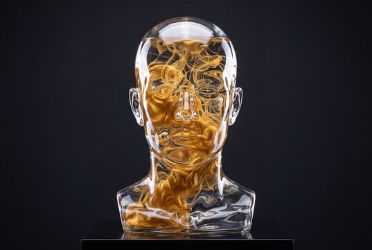 Conceptual Art of a Transparent Glass Human Head Filled with Swirling Golden Liquid