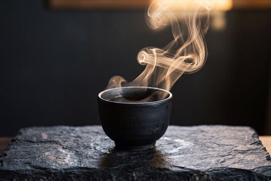 Hot Steaming Drink in Black Ceramic Cup on Stone Surface with Moody Lighting
