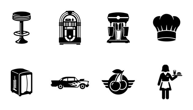 Retro diner icons, silhouette set, for vintage cafe design
