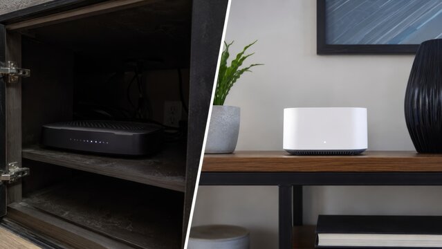 Router hidden in cabinet and modern access point on shelf