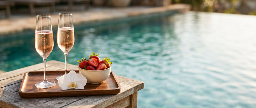 Champagne glasses and strawberry bowl on wooden tray by swimming pool. Luxury resort vacation and romantic getaway. Travel lifestyle, relaxing summer holiday and lifestyle concept.