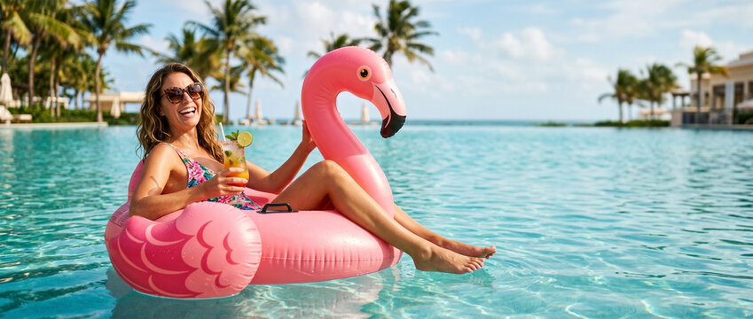 Woman relaxing in luxury swimming pool on pink flamingo float. Happy tourist enjoying beverage during tropical summer vacation at high end resort. Sunbathing and leisure travel concept.