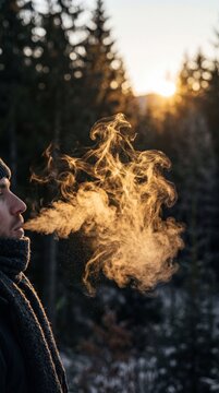 Close-up of a man exhaling visible breath in a cold winter forest during golden hour